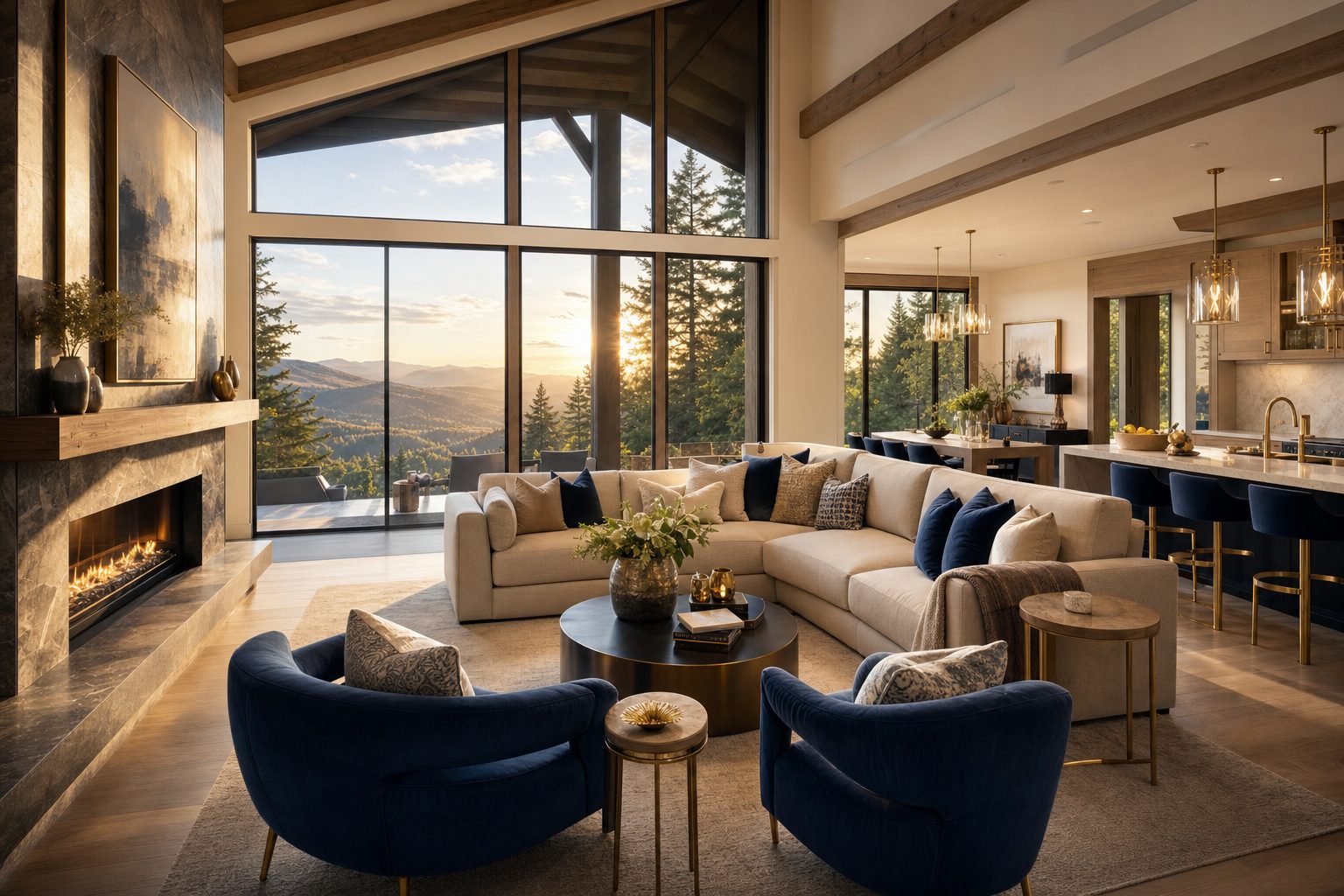 Elegant navy and champagne great room