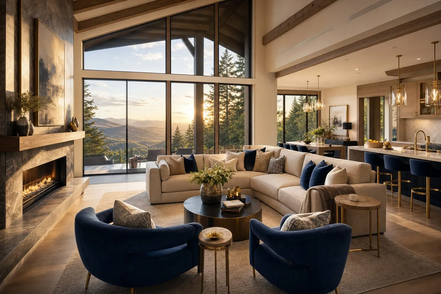 Elegant navy and champagne great room