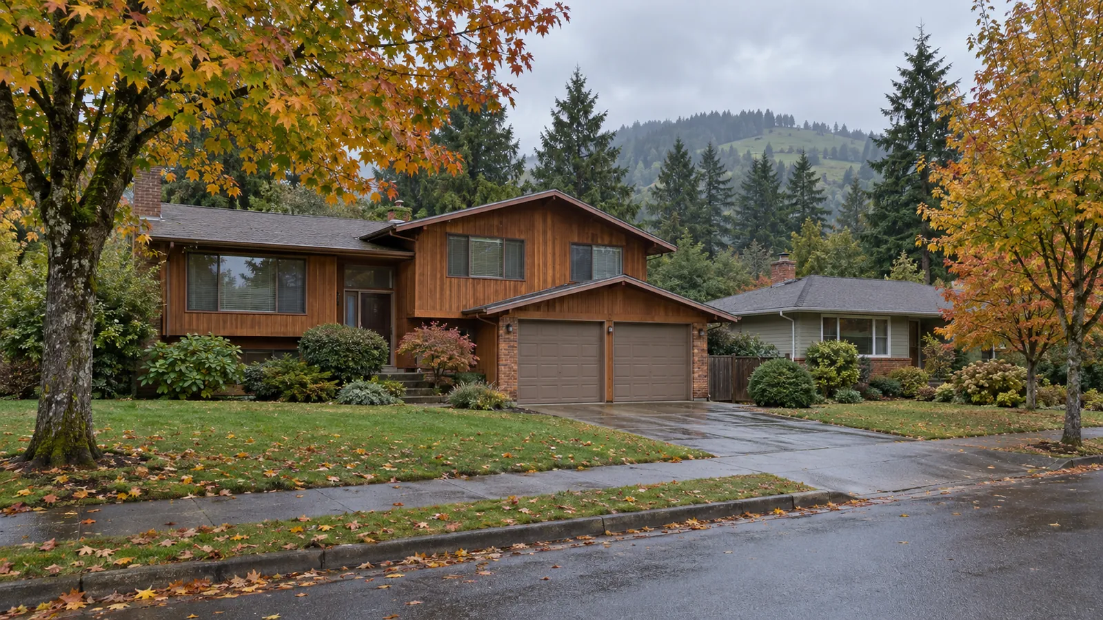 1970s split-level home with cedar siding on a tree-lined street in Aloha, Oregon in early autumn