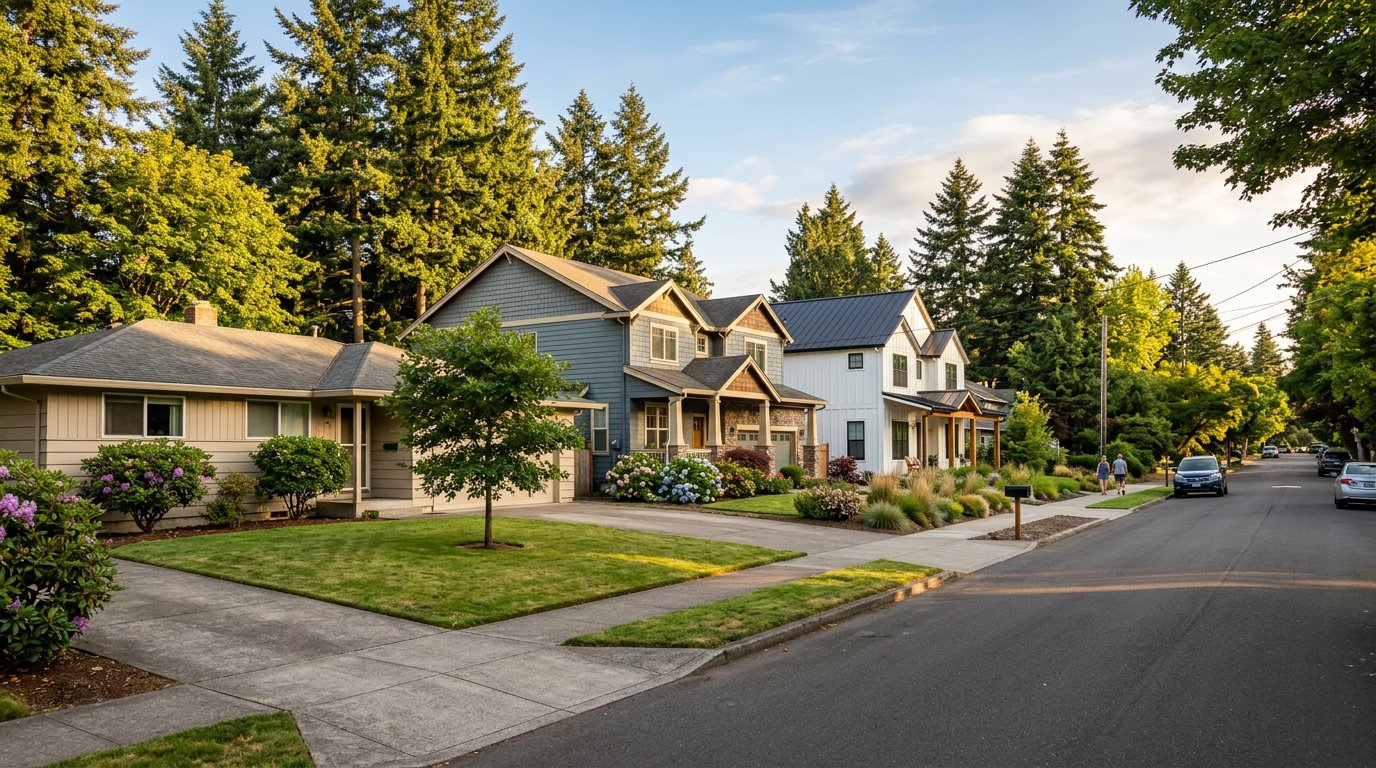 Beaverton Oregon suburban street showing three home styles side by side — a 1980s ranch, a 2000s craftsman, and a 2020s modern farmhouse — under golden late-afternoon light