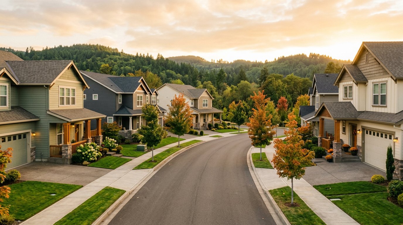 Quiet Bethany, Oregon residential street with newer two-story craftsman homes, young trees, sidewalks, and green hills in the background at golden hour