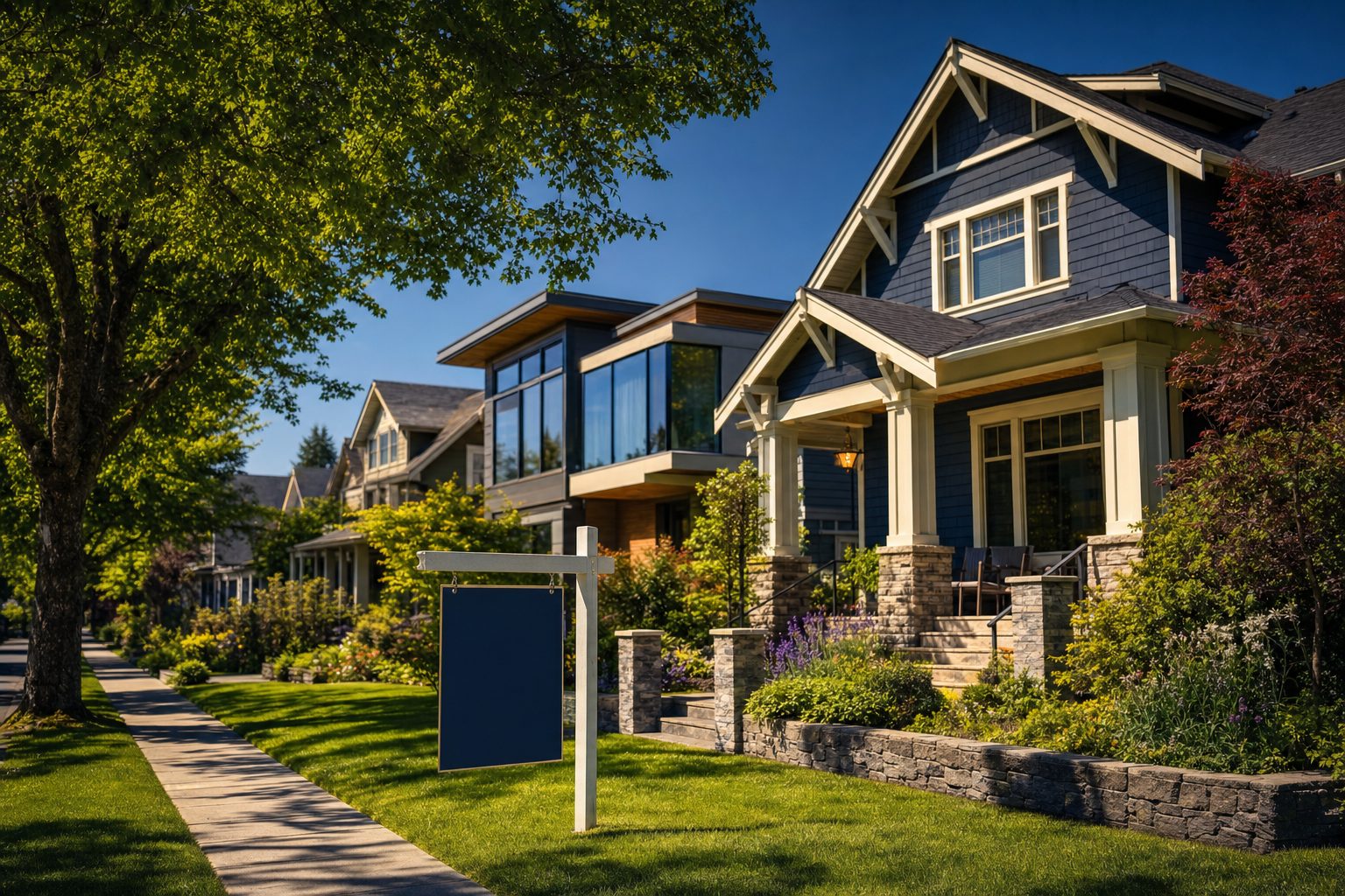 Charming residential street of homes in Hillsboro, Oregon with For Sale signs on a clear day