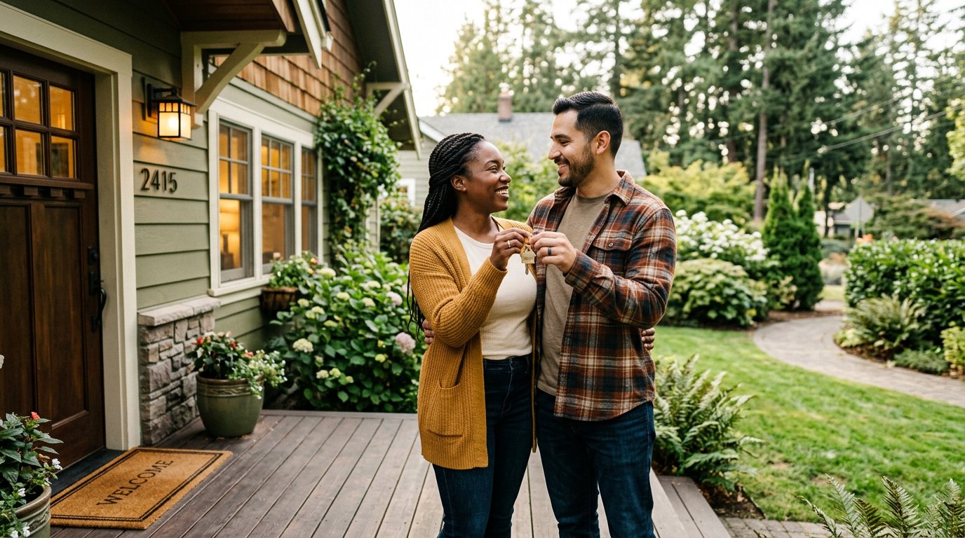 First-time homebuyer couple holding house keys on the front porch of a craftsman home in Washington County Oregon