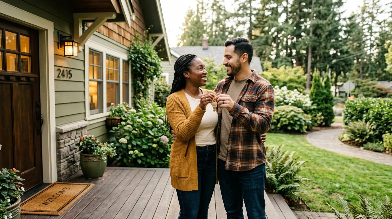 First-time homebuyer couple holding house keys on the front porch of a craftsman home in Washington County Oregon