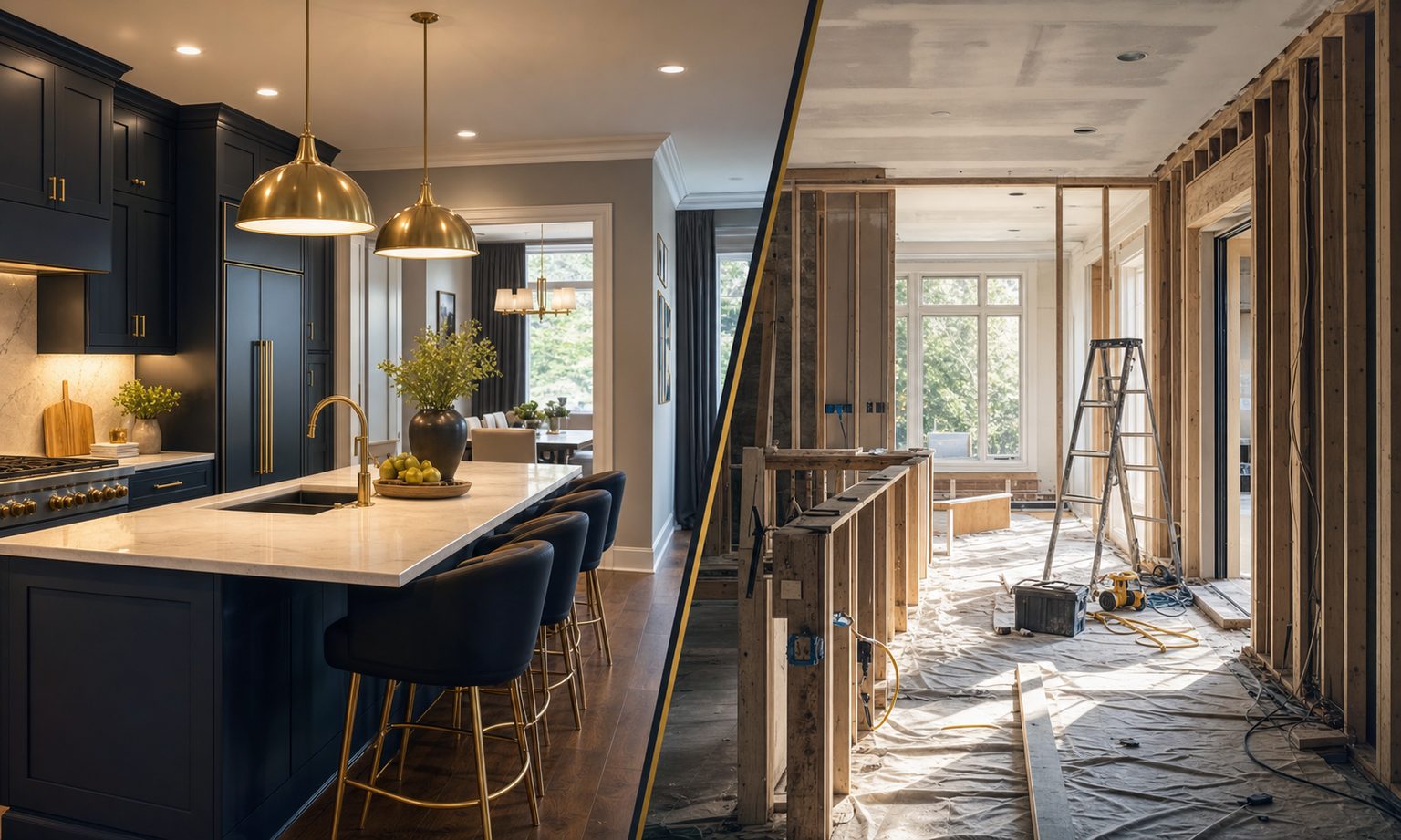 Split scene of a freshly renovated move-in ready kitchen beside a home under renovation in the Portland Metro area
