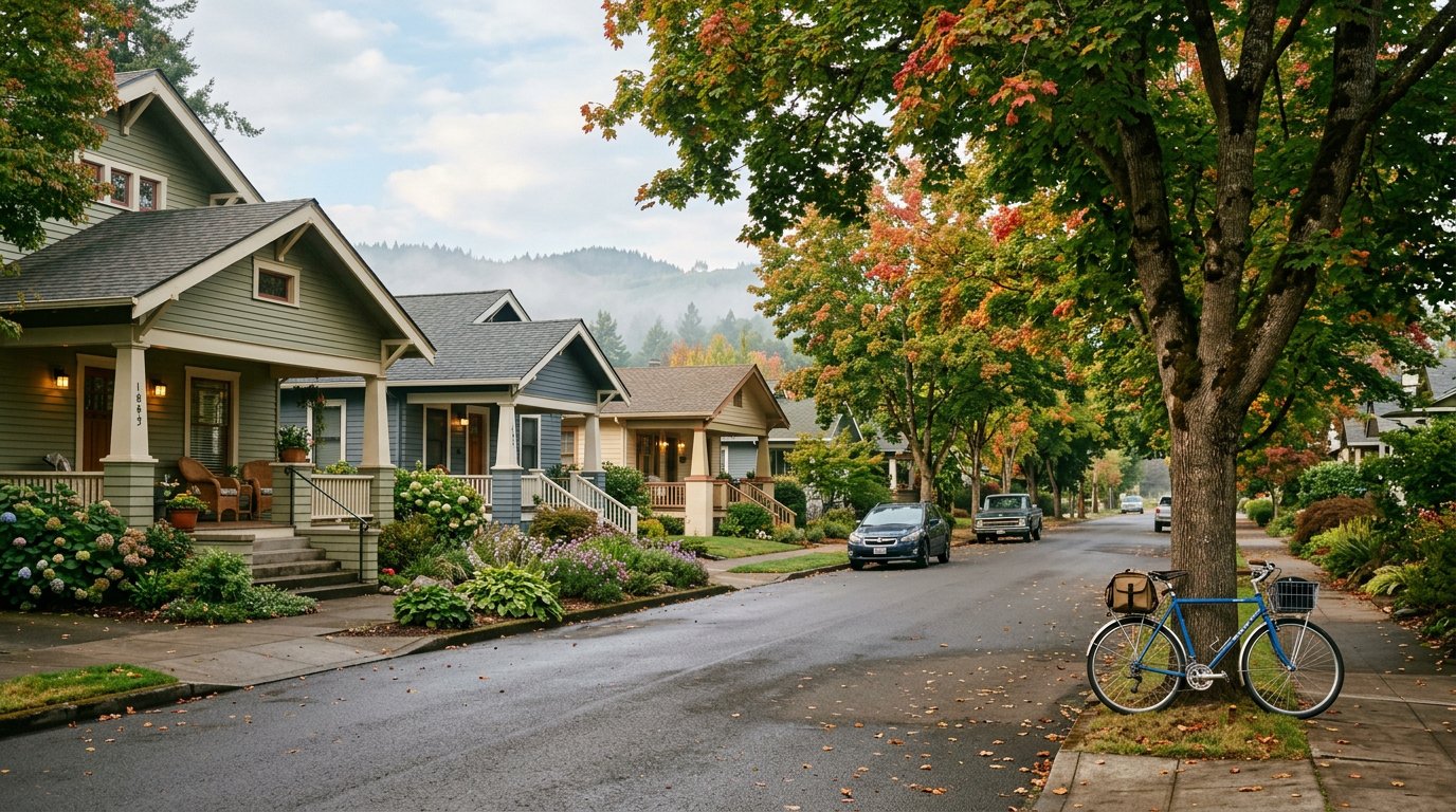 Tree-lined residential street in Forest Grove Oregon with older craftsman-era homes, mature maples turning early fall color, and Coast Range foothills in the distance