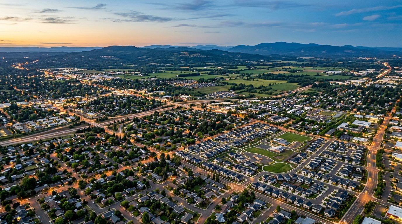 Residential street of homes in Hillsboro and Beaverton, Oregon on a clear summer day