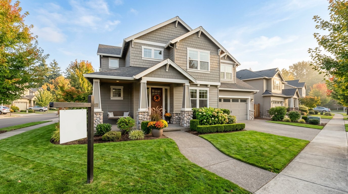 Well-prepared Hillsboro Oregon home with fresh landscaping, clean modern staging visible through the front window, and a For Sale sign in the yard on a bright autumn morning