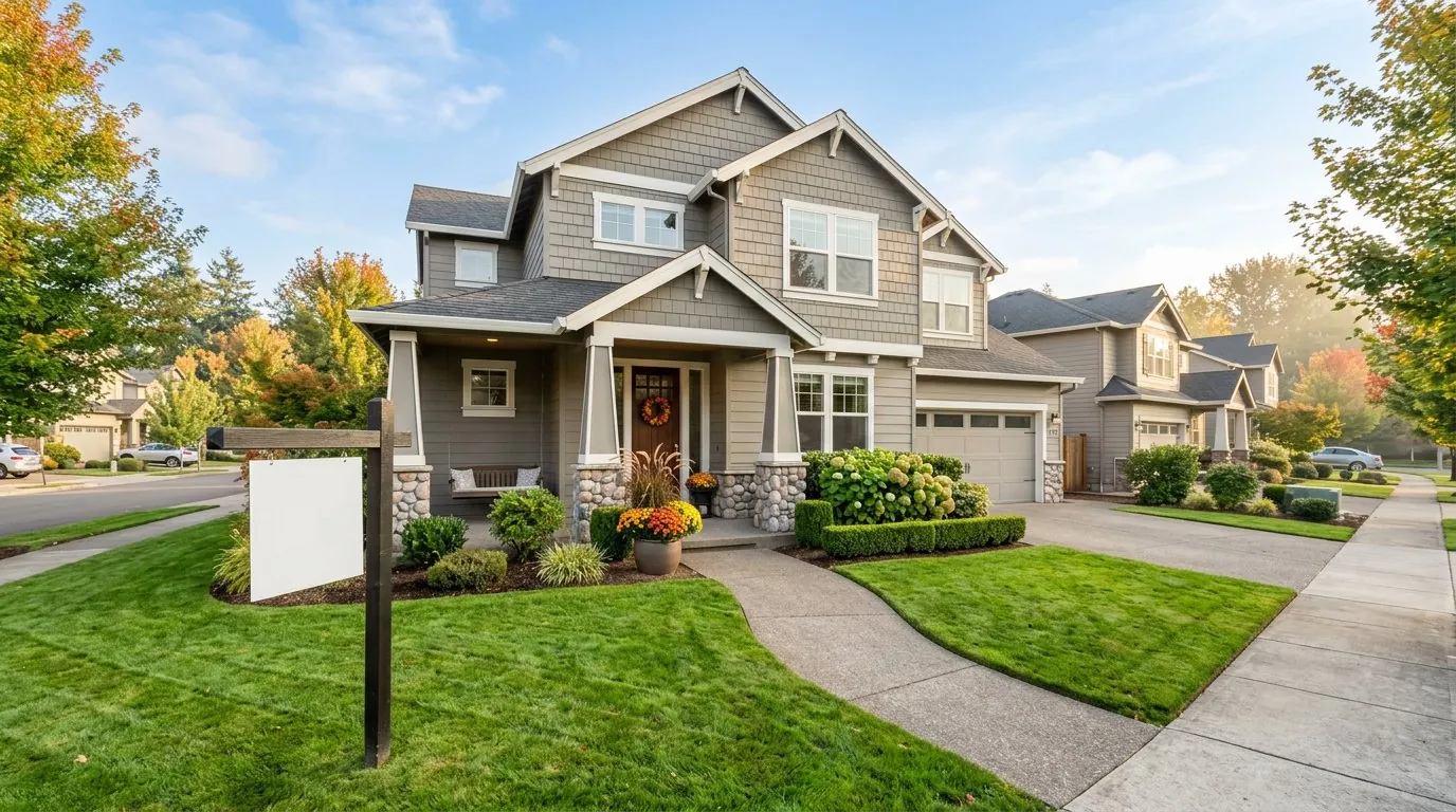 Well-prepared Hillsboro Oregon home with fresh landscaping, clean modern staging visible through the front window, and a For Sale sign in the yard on a bright autumn morning