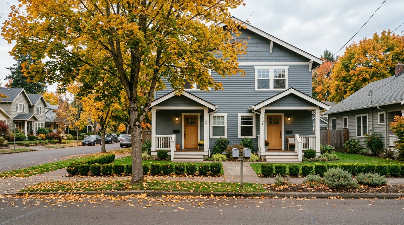 Well-kept Portland Metro duplex with two separate entries, tidy landscaping, and a quiet tree-lined street on an overcast autumn day