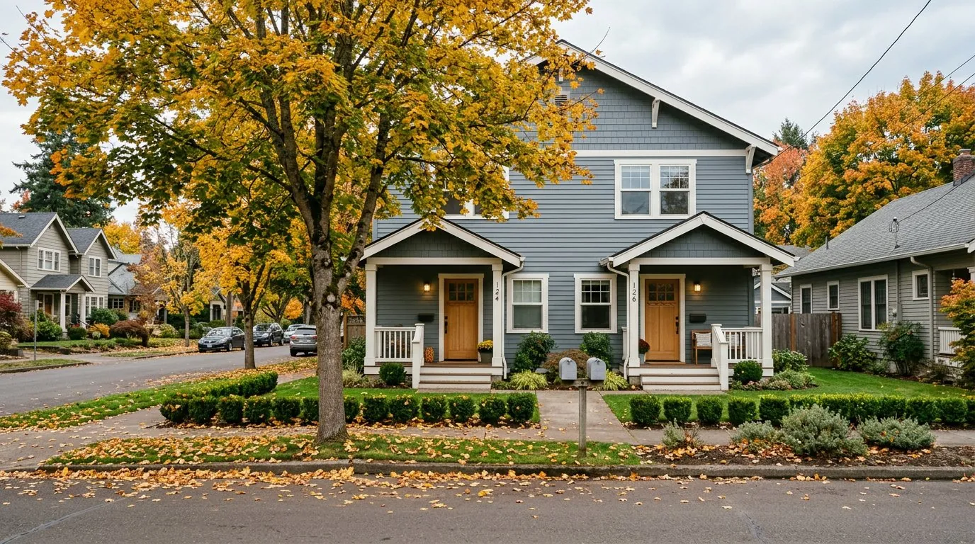 Well-kept Portland Metro duplex with two separate entries, tidy landscaping, and a quiet tree-lined street on an overcast autumn day