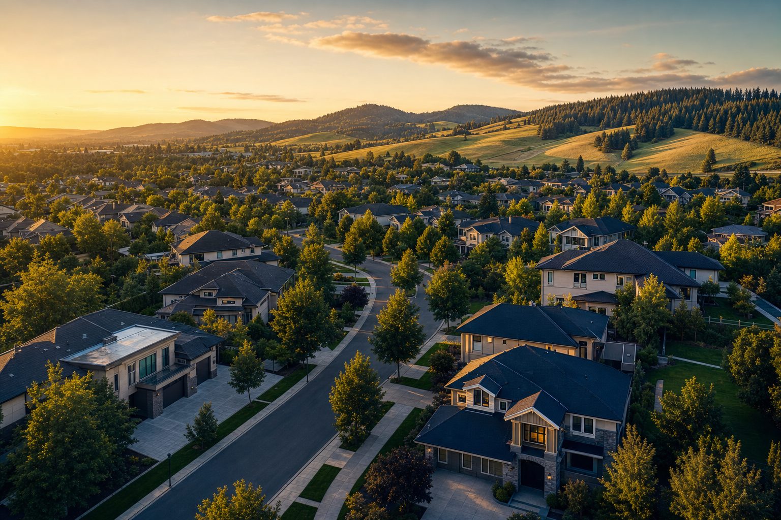 Aerial view of Washington County suburban neighborhoods near Hillsboro and Beaverton at golden hour