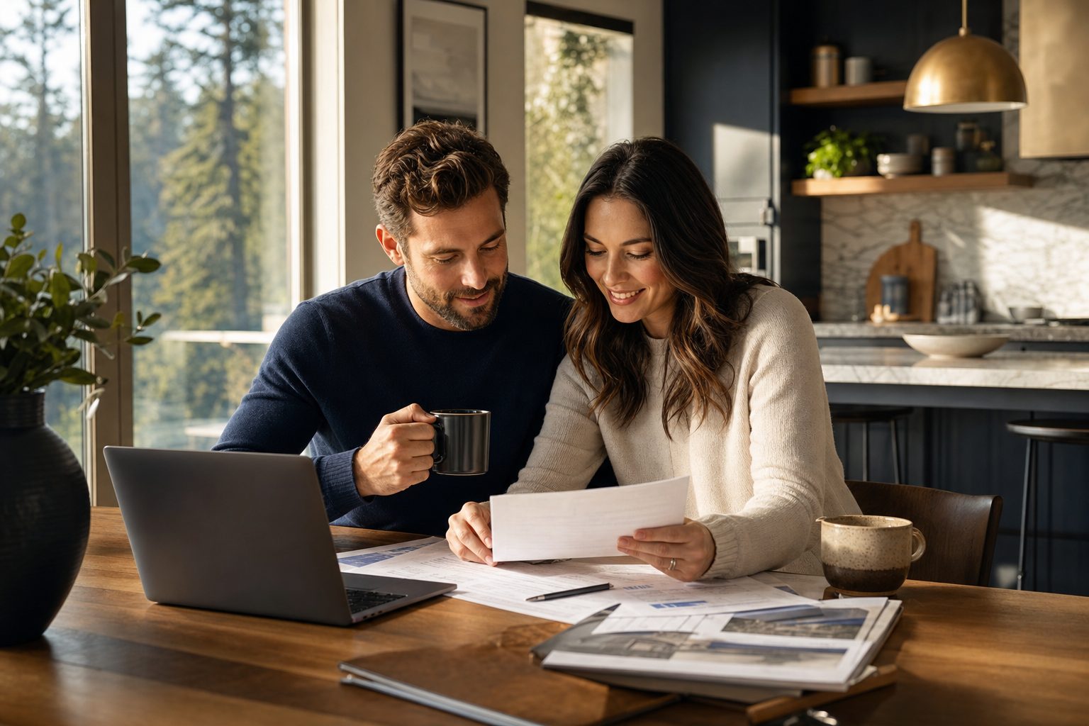 Homebuyers reviewing mortgage paperwork at a kitchen table in a bright Washington County home
