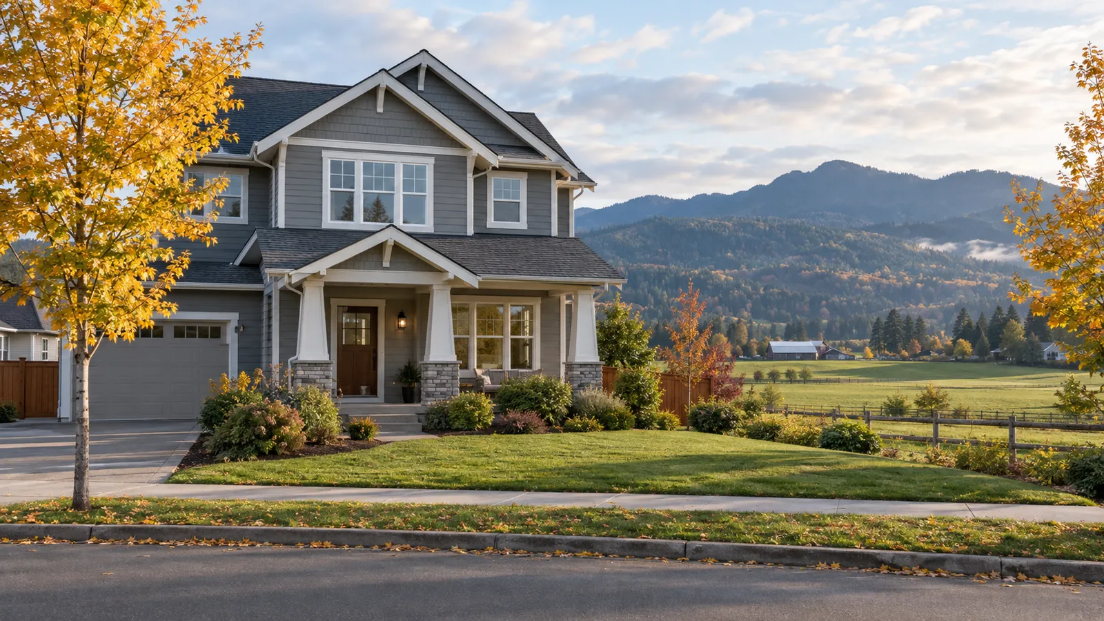 Newer craftsman style home with a covered porch on a quiet North Plains, Oregon street with farm fields and the Coast Range foothills behind it