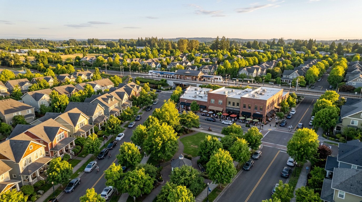 Aerial view of Orenco Station in Hillsboro Oregon, with tree-lined streets, MAX light rail platform, and the village center at golden hour