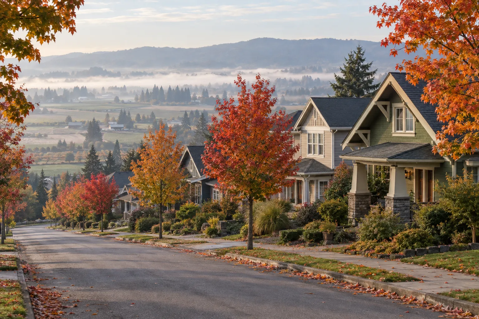 Quiet Washington County residential street in early autumn with craftsman homes, maple trees turning orange, and fog lifting over the Tualatin Valley