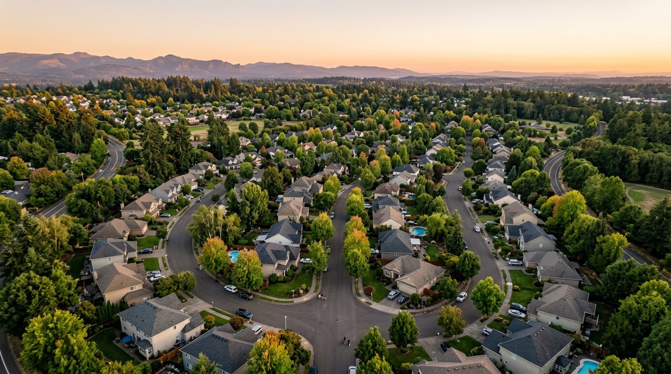 Aerial view of a Portland Metro suburban neighborhood at golden hour with cul-de-sac streets, mixed-era homes, and the Coast Range on the horizon