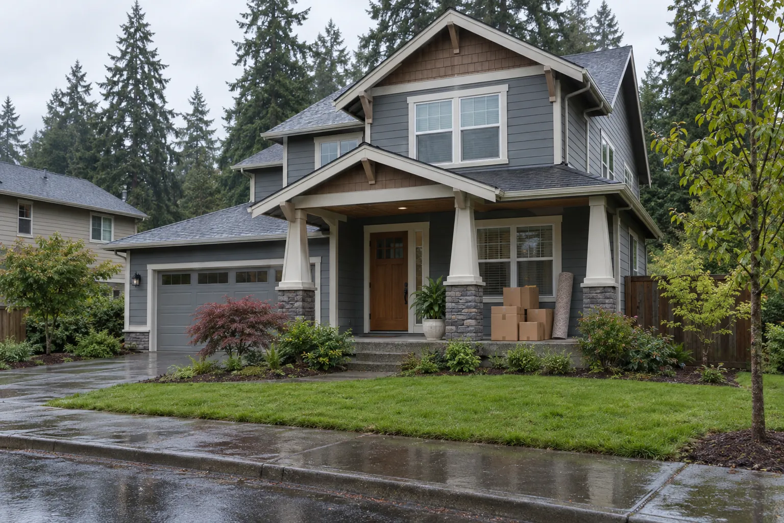 Two-story craftsman home in a Washington County, Oregon suburb with moving boxes stacked on the front porch under Douglas firs