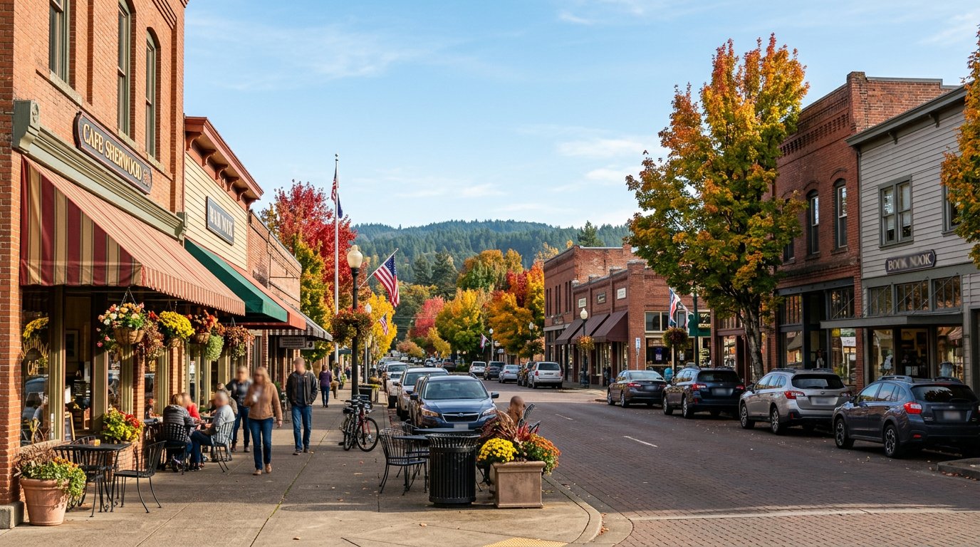 Split composition showing a Tigard commercial corridor with mixed-use development on one side and a Sherwood residential street with a walkable Old Town feel on the other